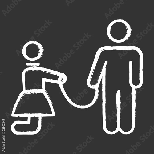 Sexual slavery chalk icon. Violation of female human rights. Abusing, harrassing, bullying woman. Man with girl on leash. Sex with no consent. Crime offense. Isolated vector chalkboard illustration