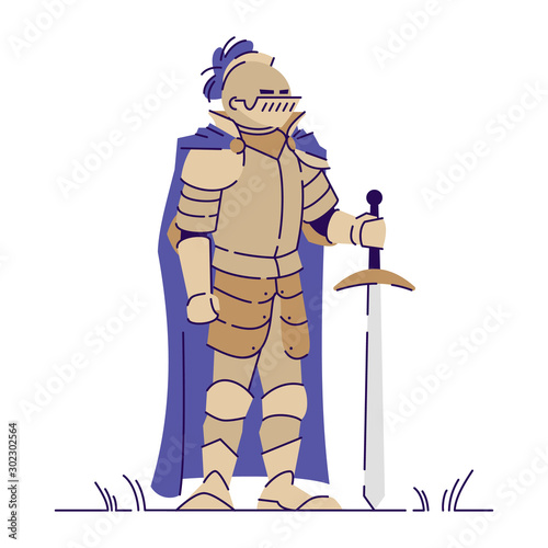 Medieval armed knight flat vector illustration. Old time warrior isolated cartoon character with outline elements on white background. Courageous middle age hero. Legendary personage