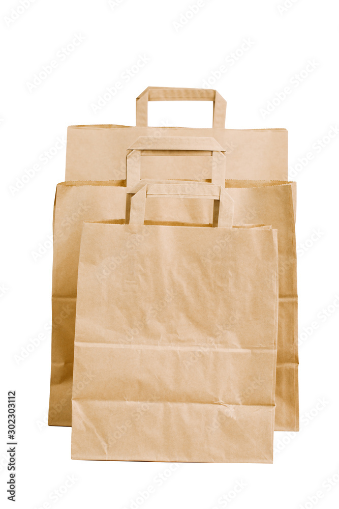 Kraft paper bags isolated on white background.