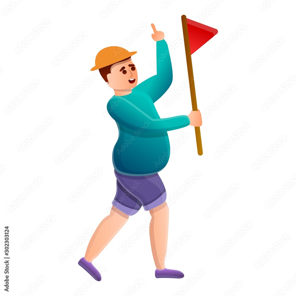 Tourist with red flag icon. Cartoon of tourist with red flag vector icon for web design isolated on white background Tourist with red flag icon. Cartoon of tourist with red flag vector icon for web design isolated on white background