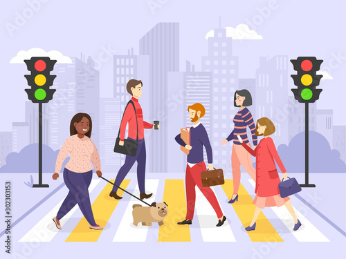 Pedestrians walking on the city street. Male and female characters hurry at work on urban background with traffic lights and crosswalk moving by road, cartoon vector Illustration