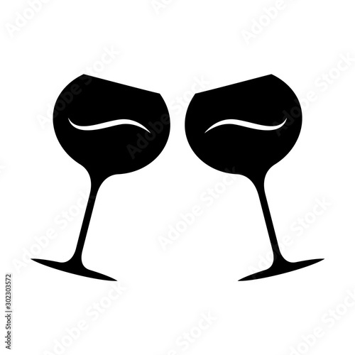 Two clinking wine glasses glyph icon. Glassfuls of alcohol beverage. Wine service. Celebration. Wedding. Tasting, degustation. Cheers. Silhouette symbol. Negative space. Vector isolated illustration