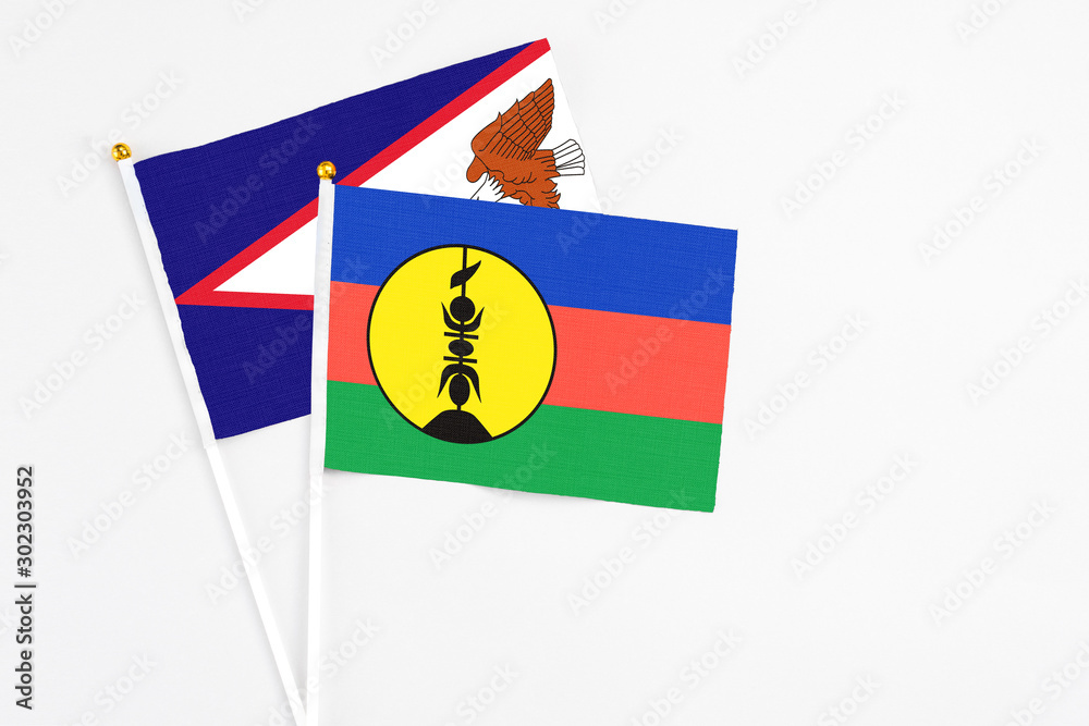 New Caledonia and American Samoa stick flags on white background. High quality fabric, miniature national flag. Peaceful global concept.White floor for copy space.
