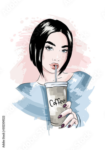 Beautiful young woman with plastic coffee cup in her hand. Stylish girl.  Sketch.Hand drawn vector illustration.