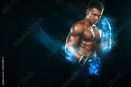 Fitness and boxing concept. Boxer man fighting or posing in gloves on black background. Individual sports recreation. Energy and power.