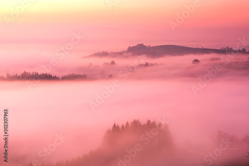 Beautiful Rolling Hills in Fog at Pink Pastel Sunrise in Fall