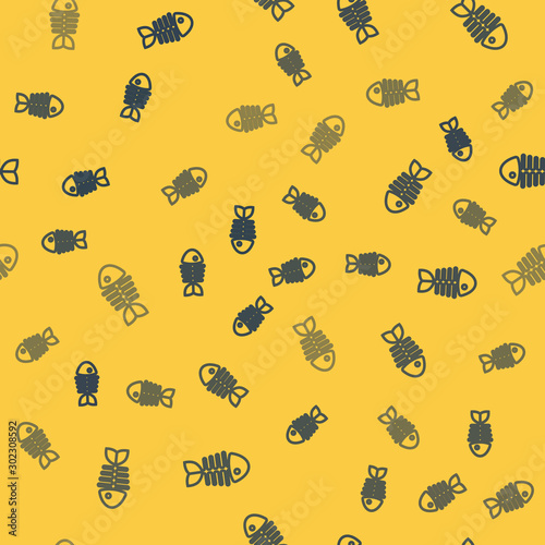 Blue line Fish skeleton icon isolated seamless pattern on yellow background. Fish bone sign. Vector Illustration