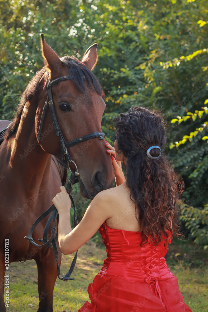 Fototapeta premium Beautiful young woman with horse outdoors