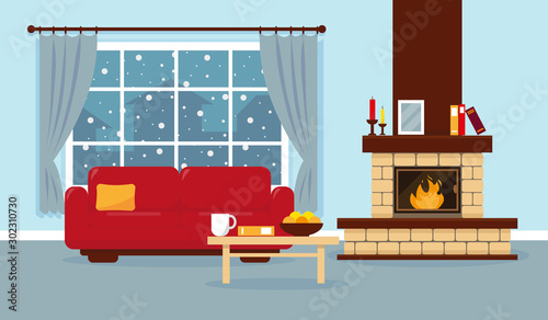 Living room with window, fireplace and sofa.