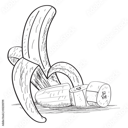 Sketch of a cut banana. Fruit sketch - Vector illustration