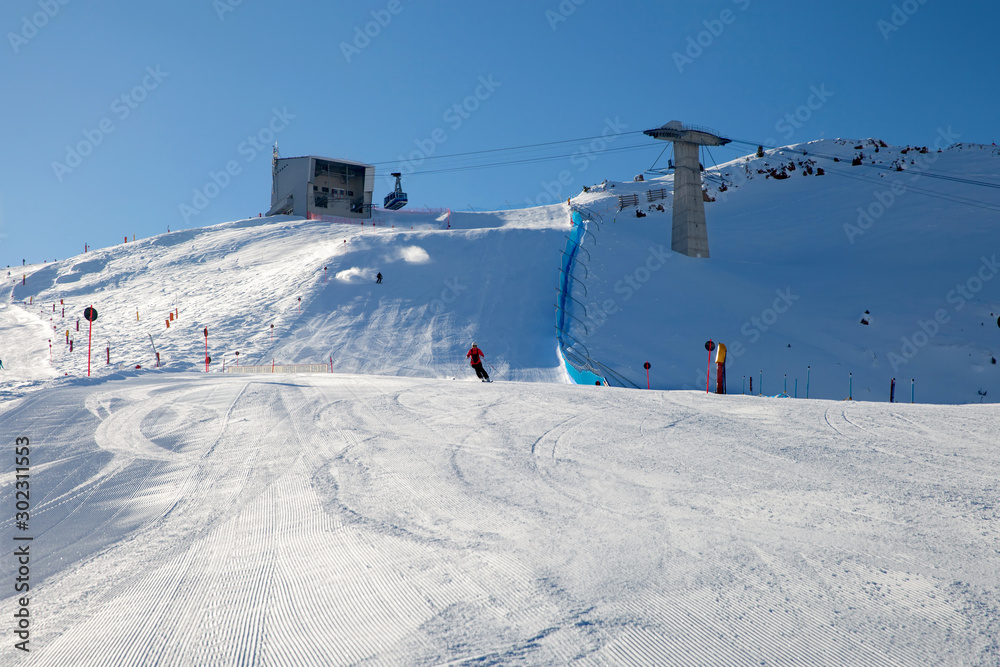 Black ski slope in the Dolomites mountains
