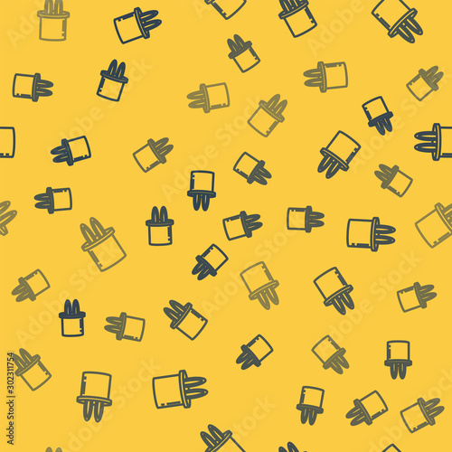 Blue line Magician hat and rabbit ears icon isolated seamless pattern on yellow background. Magic trick. Mystery entertainment concept. Vector Illustration