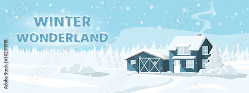 House in a snowy forest. Winter wonderland. Vector banner template	