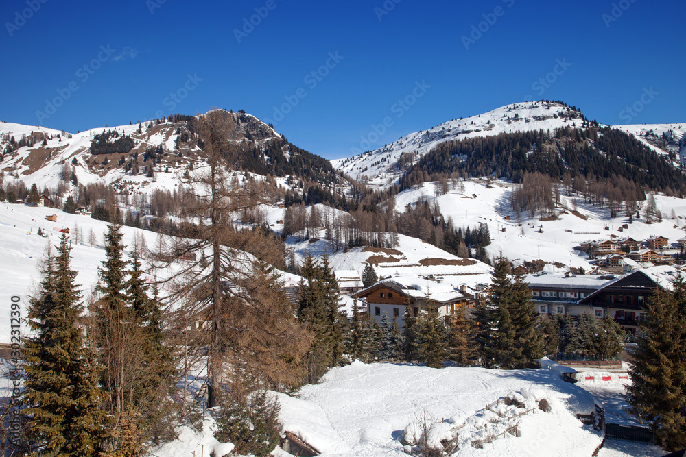 Mountain village in Italian Dolomites in winter time