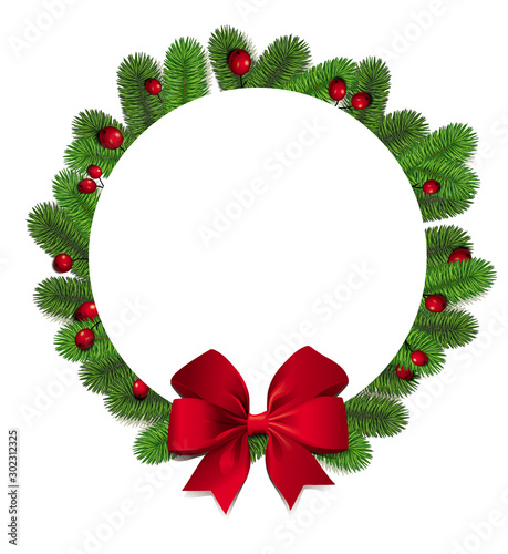 Circle round shape wreath background with photorealistic green christmas tree branches and beautiful red bow and berries. Background for seasonal winter greetings.
