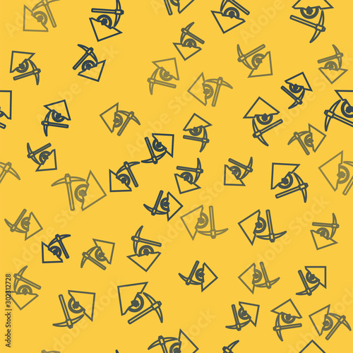 Blue line Cryptocurrency cloud mining icon isolated seamless pattern on yellow background. Cloud with pickaxe, bitcoin, digital money market, cryptocoin wallet. Vector Illustration