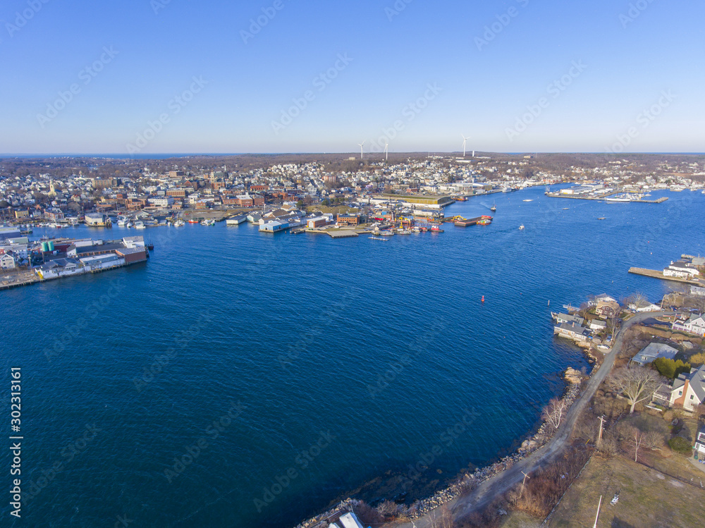 Aerial view of Gloucester City and Gloucester Harbor, Cape Ann, Massachusetts, MA, USA.
