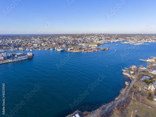 Aerial view of Gloucester City and Gloucester Harbor, Cape Ann, Massachusetts, MA, USA.