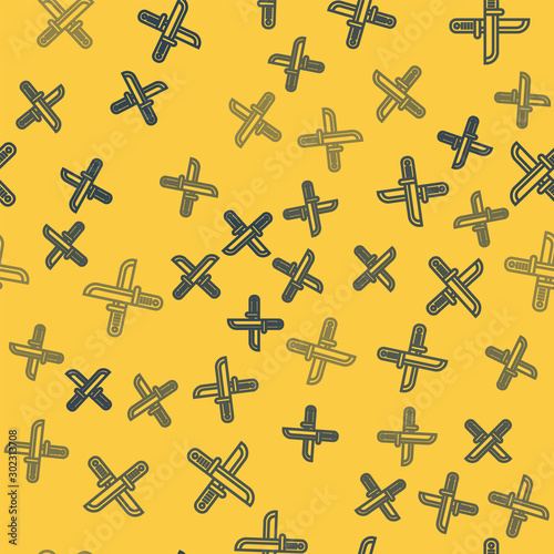Blue line Crossed hunter knife icon isolated seamless pattern on yellow background. Army knife. Vector Illustration