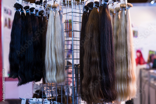 Sot of artificial hair in beauty store
