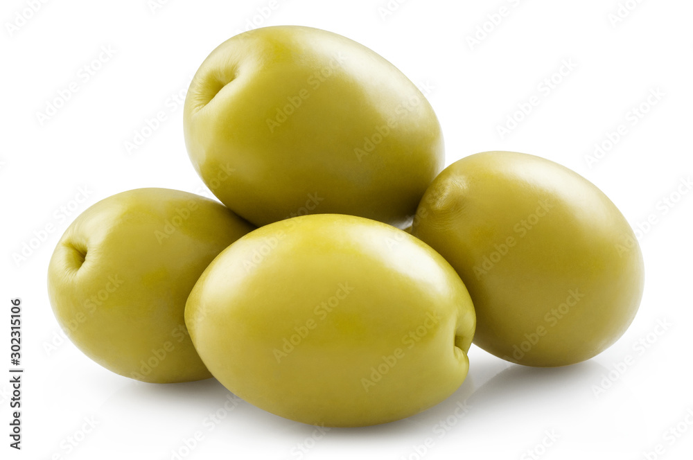 Close-up of delicious green olives, isolated on white background Close-up of delicious green olives, isolated on white background