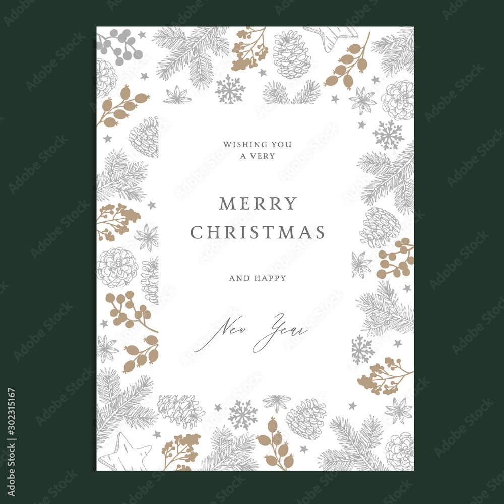 Merry Christmas, Happy New Year floral greeting card, winter nvitation. Holiday frame with fir tree branches, pine cones, snowflakes and holly berries. Vintage engraving.