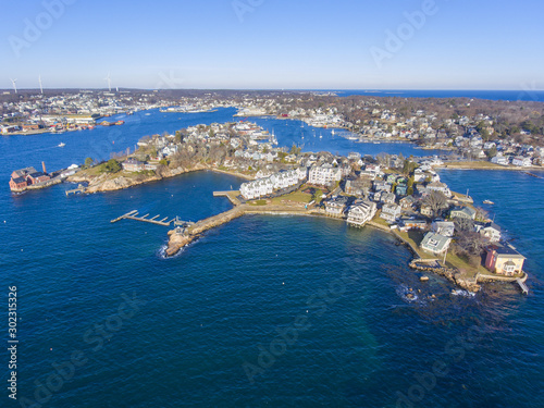 Aerial view of Rocky Neck and Gloucester Harbor in City of Gloucester, Cape Ann, Massachusetts, USA.