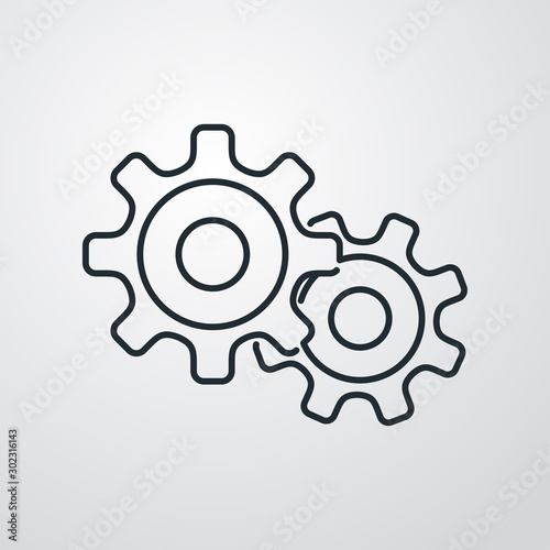 Símbolo configuración. Icono plano lineal 2 engranajes en fondo gris