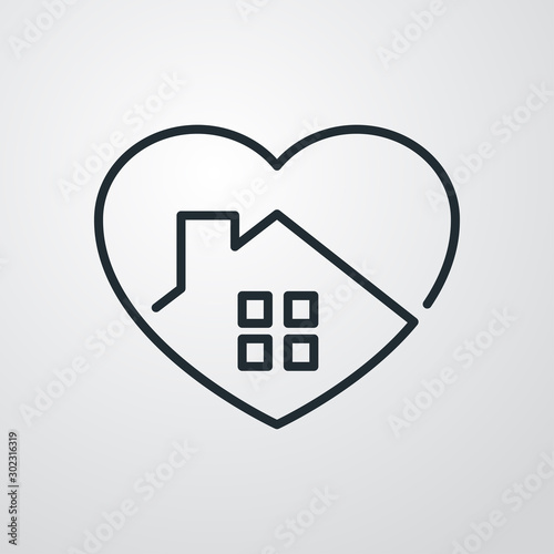 Símbolo agencia inmobiliaria. Icono plano lineal corazón con casa en fondo gris