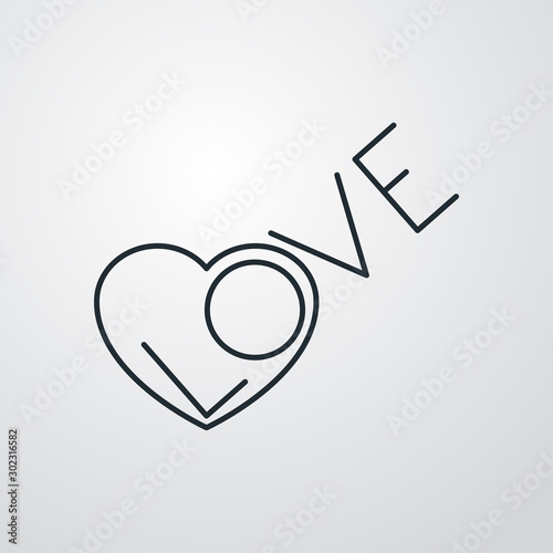 Icono lineal corazón con palabra LOVE en fondo gris