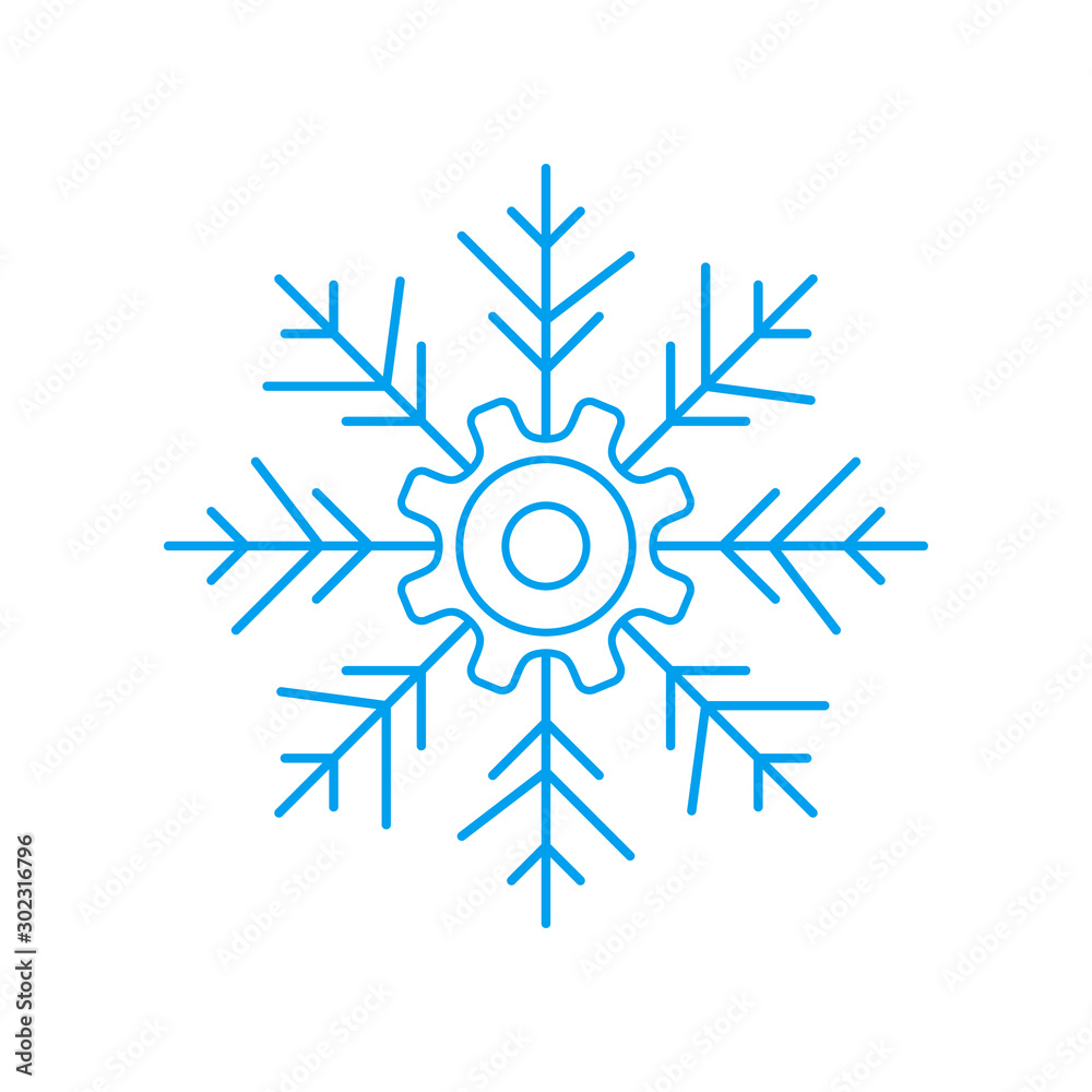 Icono plano lineal engranaje como copo de nieve en color azul Icono plano lineal engranaje como copo de nieve en color azul