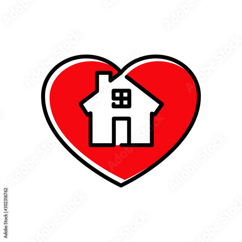 Símbolo agencia inmobiliaria. Icono plano lineal corazón con casa en color rojo