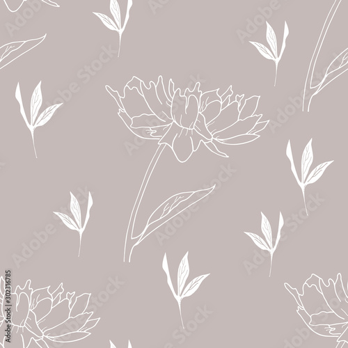 Pastel color peony flowers seamless pattern. Outline hand drawing vector illustration.