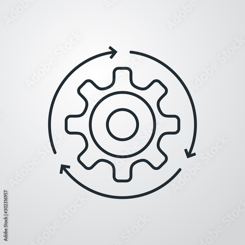 Icono plano lineal engranaje con flechas girando en fondo gris