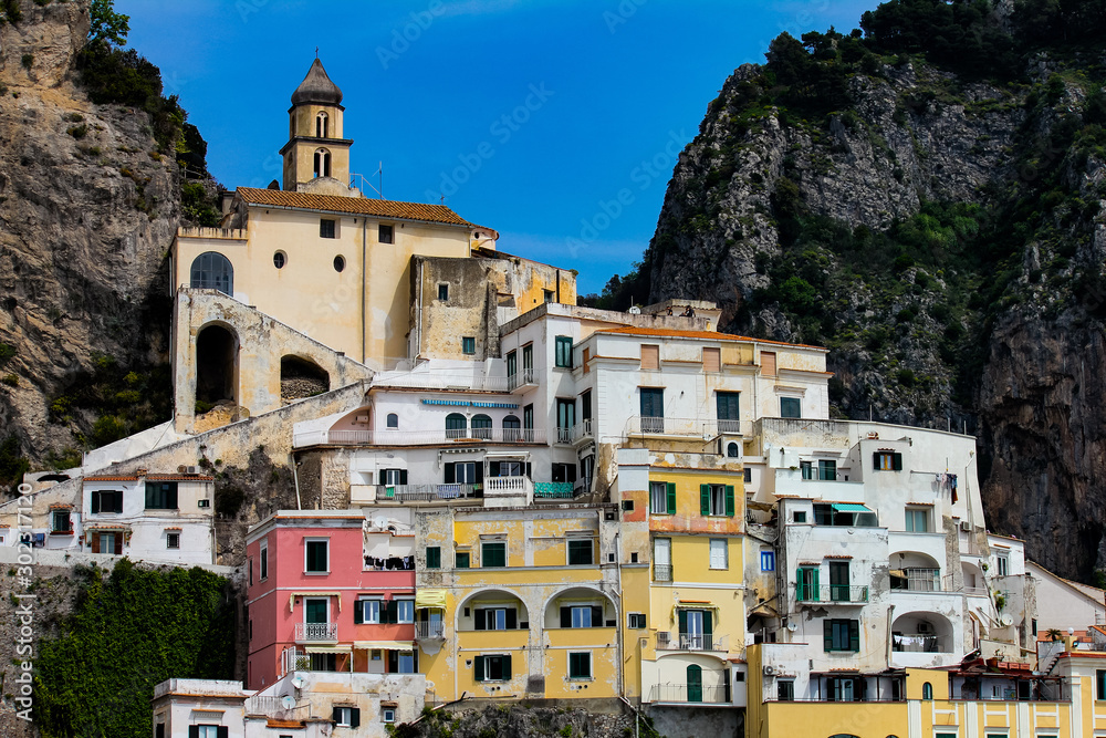 close-up view of the old town in Amalfi along the Amalfi coast, Salerno, Campania, Italy