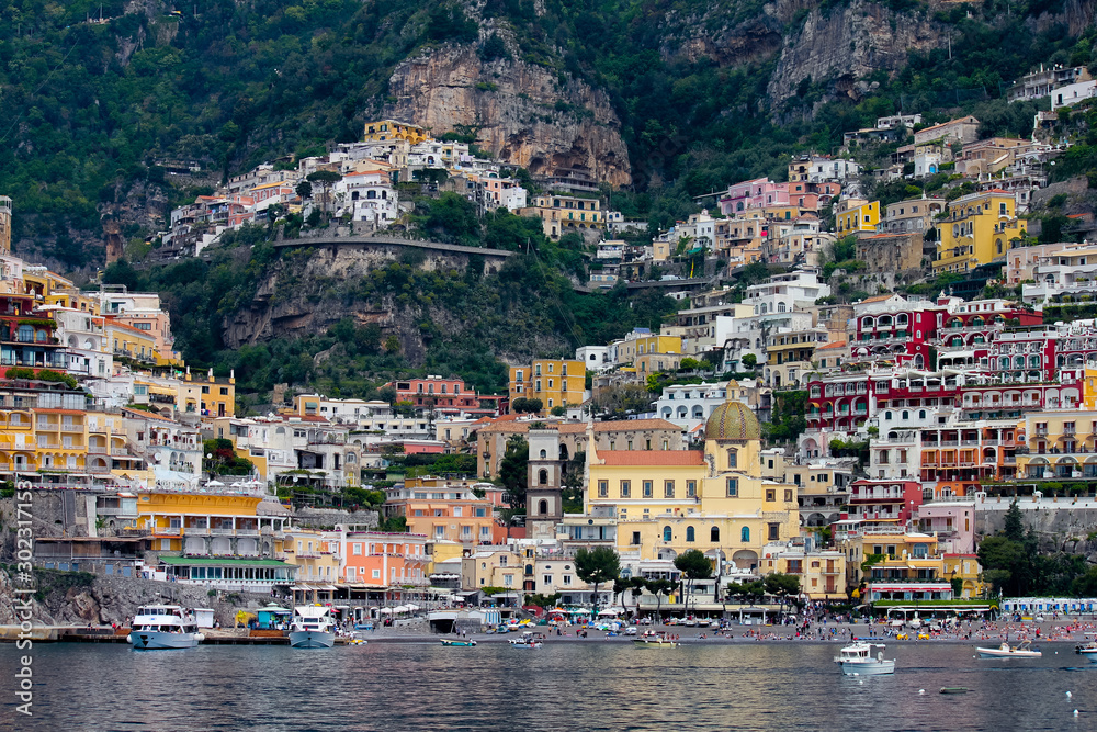 classic shot of Positano seen from the sea along the Amalfi coast, Salerno, Campania, Italy