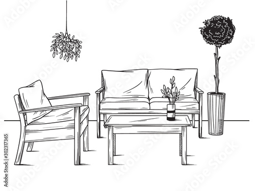 Set of furniture for the garden. Armchairs, sofa and table among the plants. Vector illustration