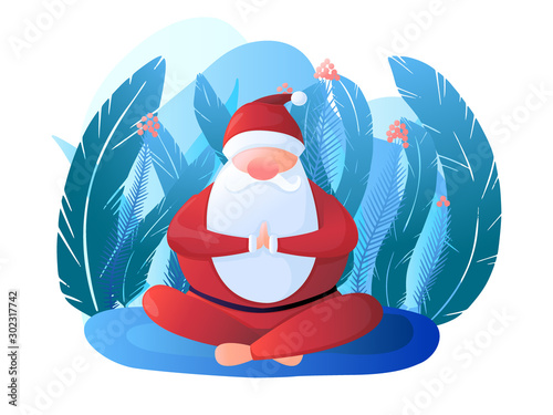Santa Claus sits in a lotus position. Santa Claus is engaged in yoga. Vector illustration