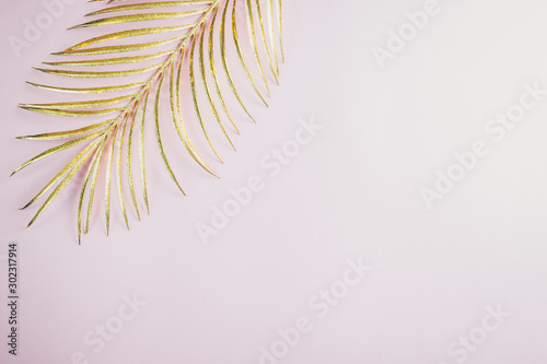 Golden palm leaf on a pink background. Minimal concept. Flat lay. Top view. Copy space