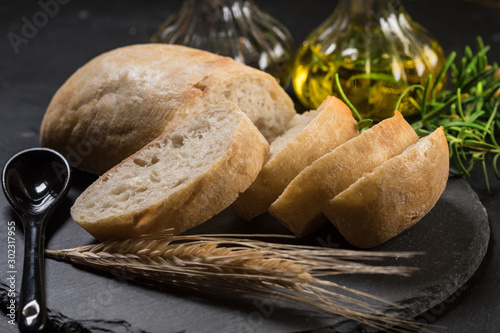 Italian ciabatta bread cut in slices.