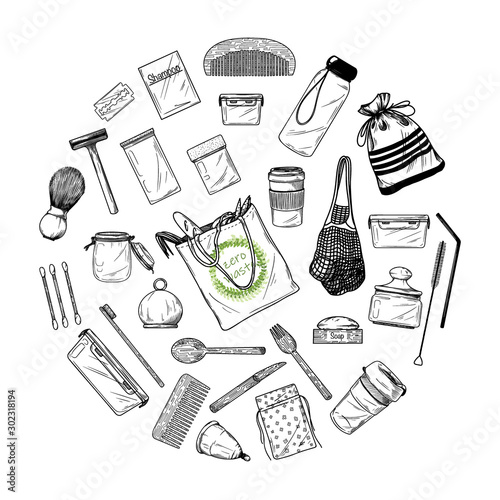 Large set of different environmental items. Zero waste. Vector