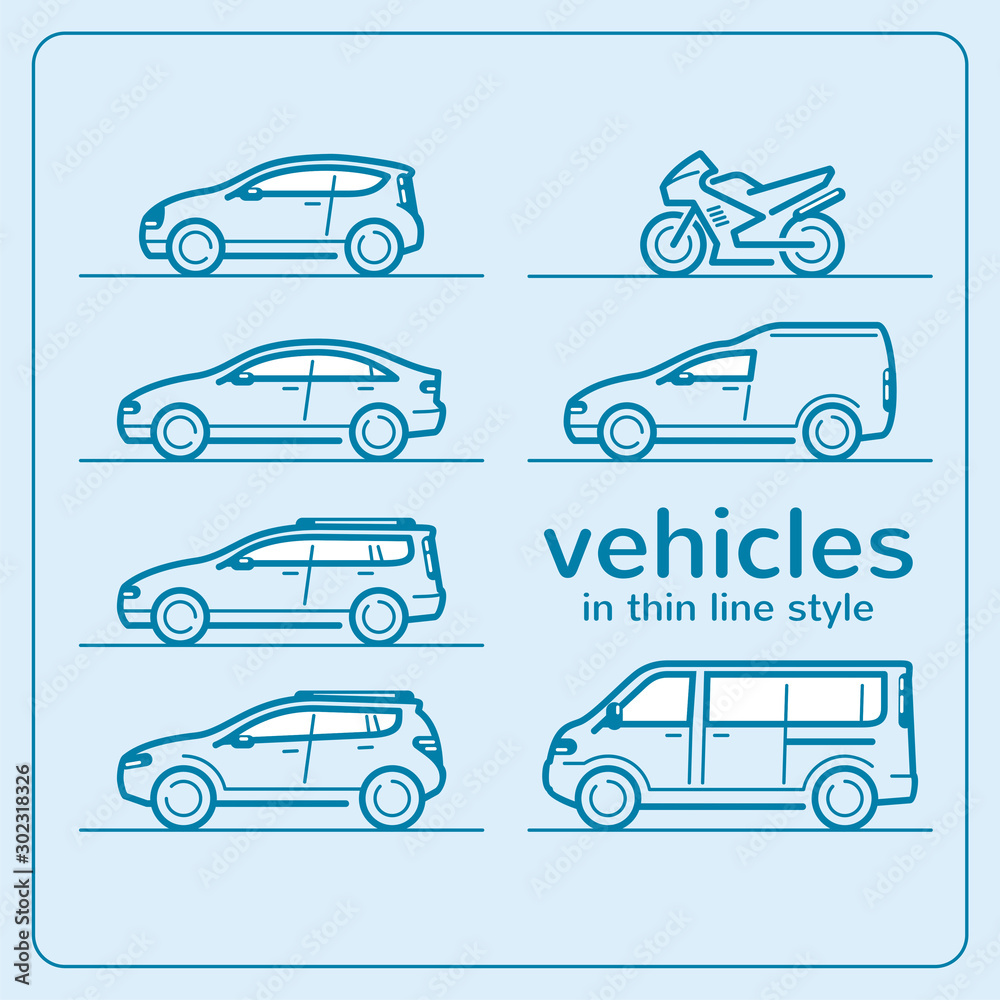 Thin line car bodies vector set of icons in art line style. Design element for the websites, leaflets, car services, travel companies.