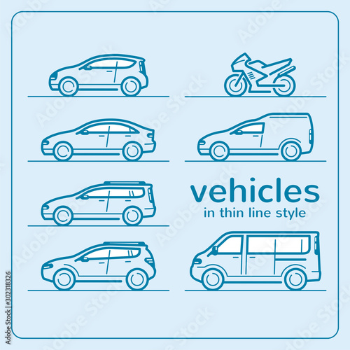 Thin line car bodies vector set of icons in art line style. Design element for the websites, leaflets, car services, travel companies.