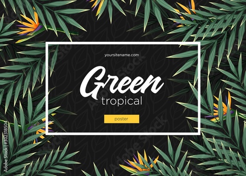 Bright tropical background with jungle plants. Exotic pattern with tropical leaves