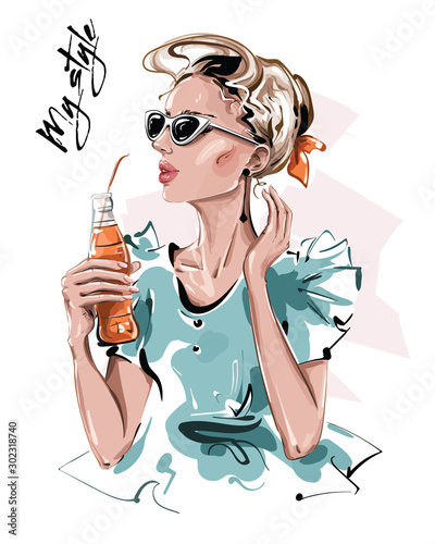 Hand drawn beautiful young woman with bottle of juice. Stylish girl in sunglasses. Fashion woman look. Sketch. Vector illustration.