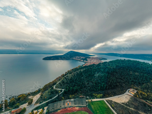 Drone shot of the Castoria peninsula in Greece photo