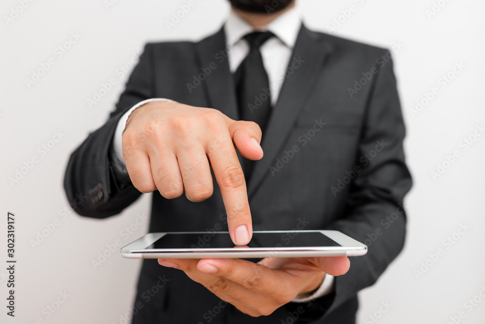 Male human wear formal clothes present presentation use hi tech smartphone Male human wear formal clothes present presentation use hi tech smartphone