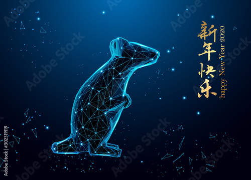 Happy chinese new year 2020. RAT form lines and triangles, point connecting network on blue background.