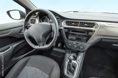 panorama in interior leather salon of prestige modern car. steering wheel, shift lever and dashboard © hiv360