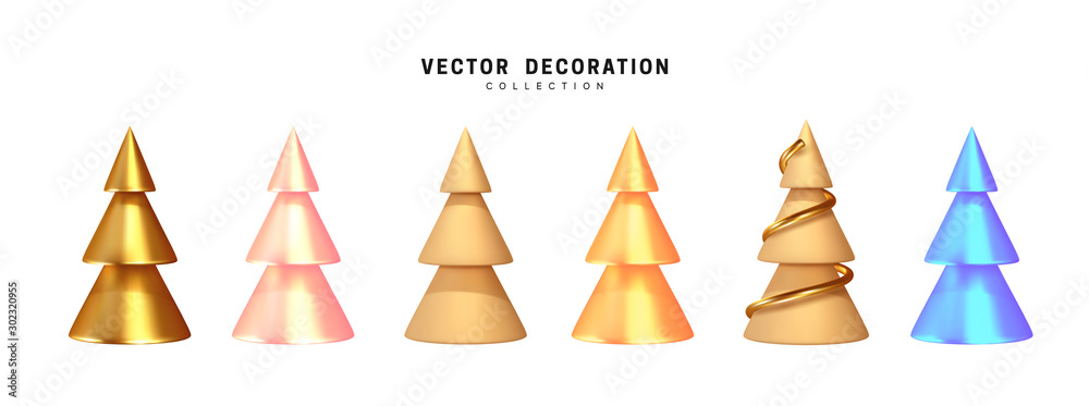 Set of Christmas tree. 3d render collection of golden and beige sharp cone shapes, abstract decorative. Xmas object isolated on white background